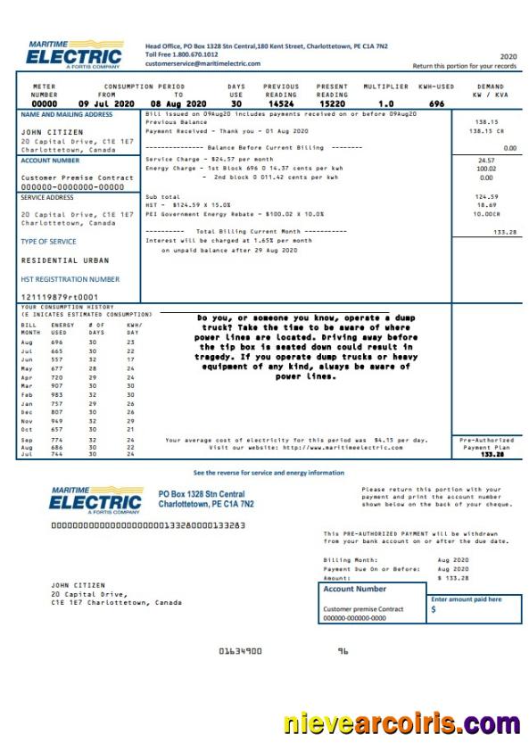 Canada Maritime Electric utility bill